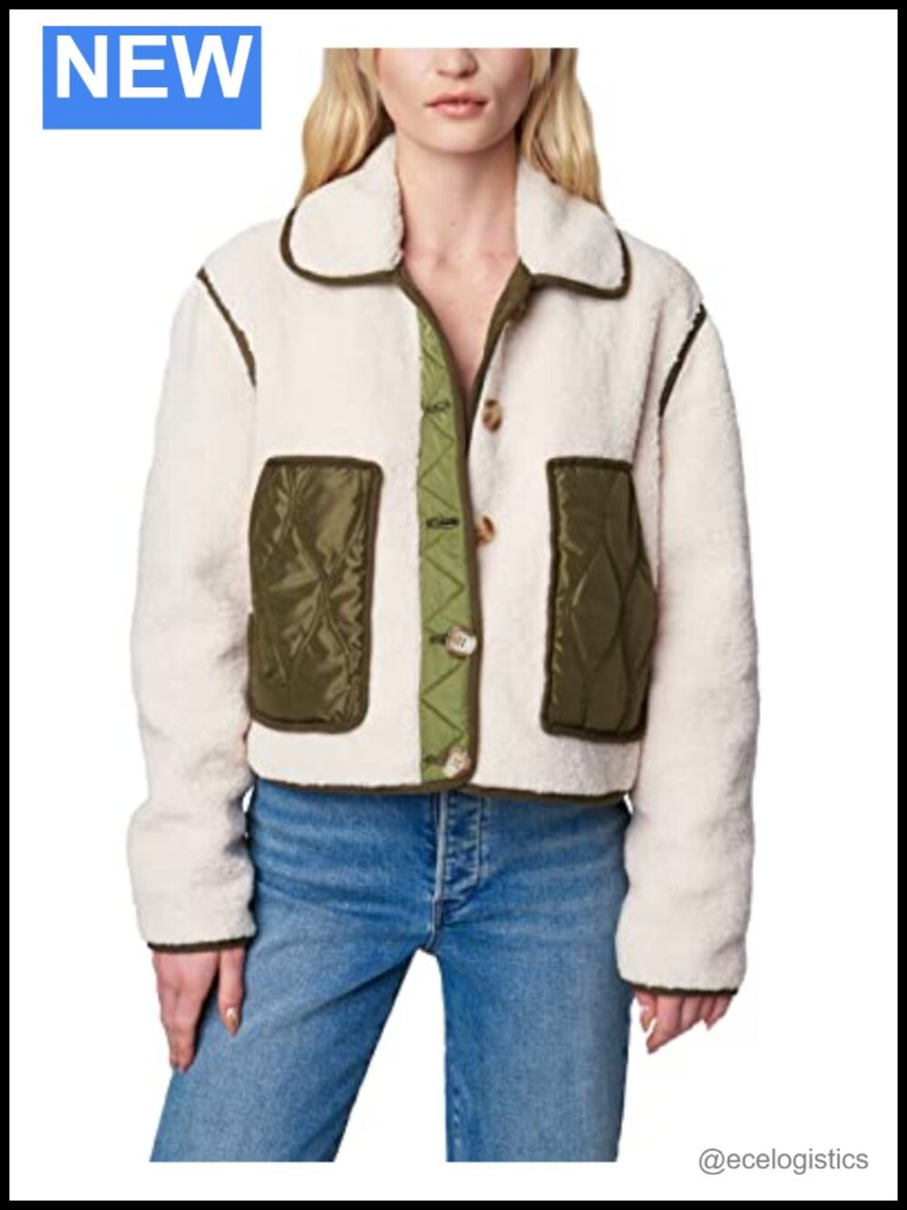Cropped Sherpa & Nylon Jacket, Button Front, Patch Pockets